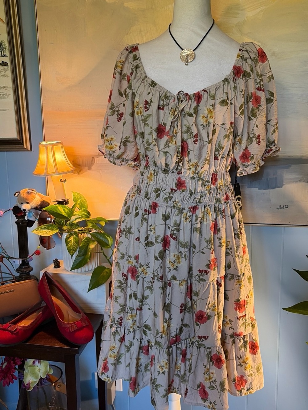 liberty Floral Cream Midi Dress with Red and Green Print